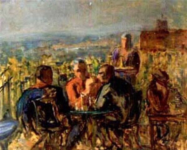 Drei Manner Im Gartenrestaurant Oil Painting by Paul Basilius Barth