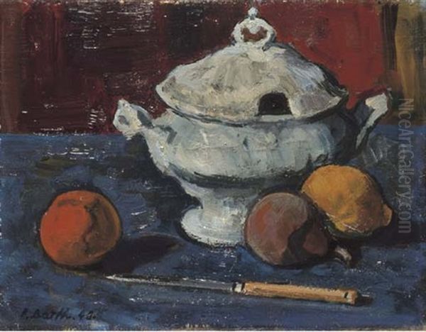 Stillleben Mit Suppenschussel, Fruchten Und Messer Oil Painting by Paul Basilius Barth
