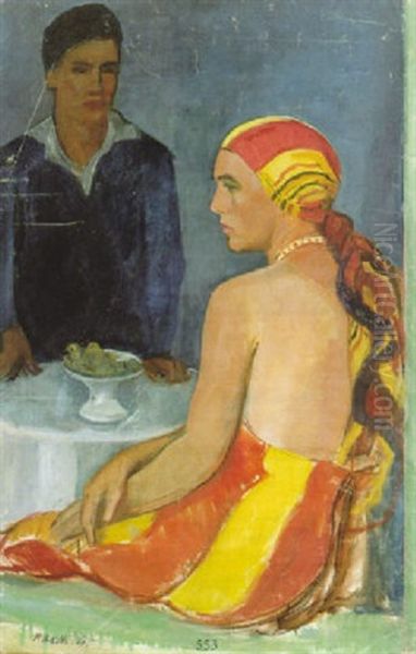 Sitzende Frau Am Tisch Mit Mann Oil Painting by Paul Basilius Barth