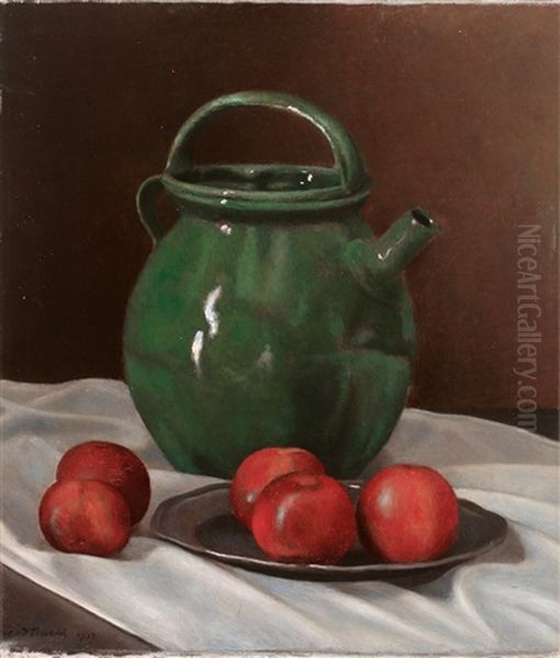 Der Grune Krug. Altmeisterliches Stilleben Mit Grunem Krug, Apfeln Auf Zinnteller Und Weisem Linnen Oil Painting by Theodor Barth