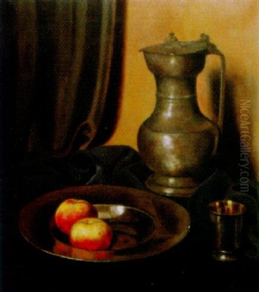 Stilleben Mit Zinnkanne, Silberbecher Und Apfeln Oil Painting by Theodor Barth