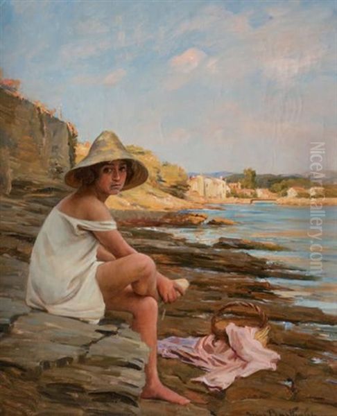 Jeune Fille Au Bord De L'eau Oil Painting by Marius Barthalot