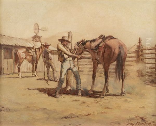 Saddling A Fresh Mount Oil Painting by Gray Phineas Bartlett