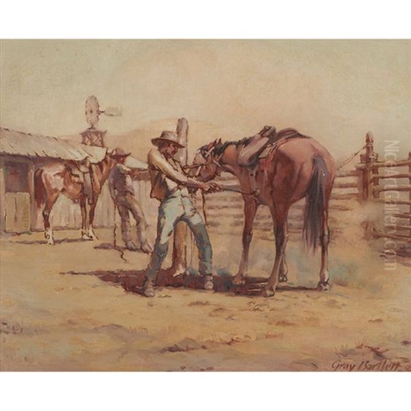 Saddling A Fresh Mount Oil Painting by Gray Phineas Bartlett