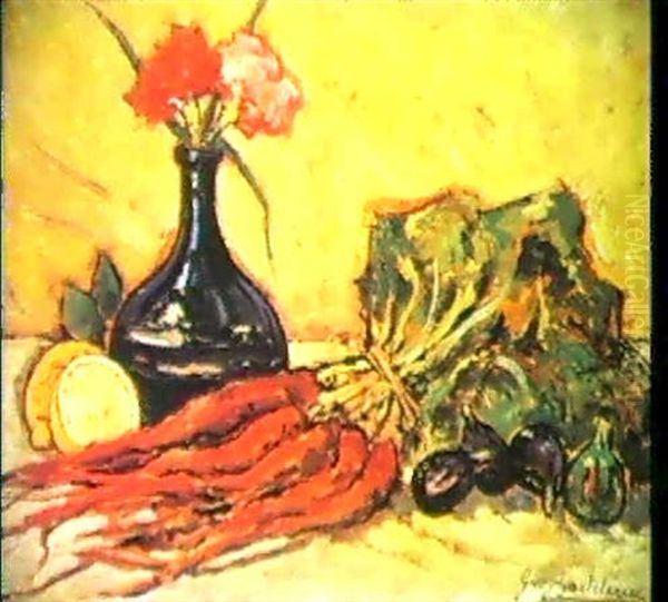 Natura Morta Con Carote E Vaso De Fiori Oil Painting by Giovanni Bartolena