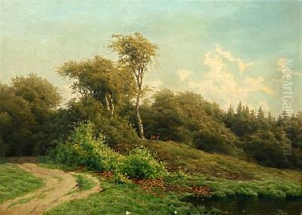 Landscape At The Edge Of The Forest With Deer On A Hill Oil Painting by Carl Frederik Bartsch