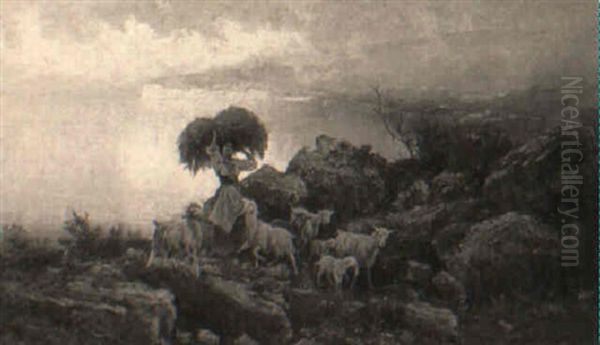 A Shepherdess With Goats On A Rocky Path Oil Painting by Pietro Barucci
