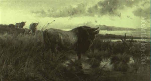 Bulls In A Landscape Oil Painting by Pietro Barucci