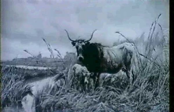 Long Horned Cow With Calf By A River Oil Painting by Pietro Barucci