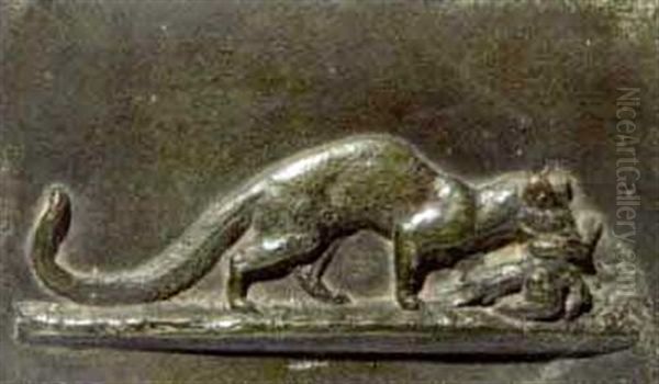 Genette Emportant Un Oiseau Oil Painting by Antoine-louis Barye