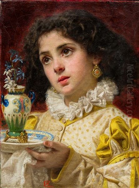 Junge Frau Mit Porzellanvase Oil Painting by Antonio Barzaghi-Cattaneo