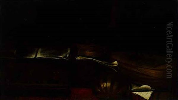 Musical Instruments And Scores On A Draped Table Oil Painting by Evaristo Baschenis