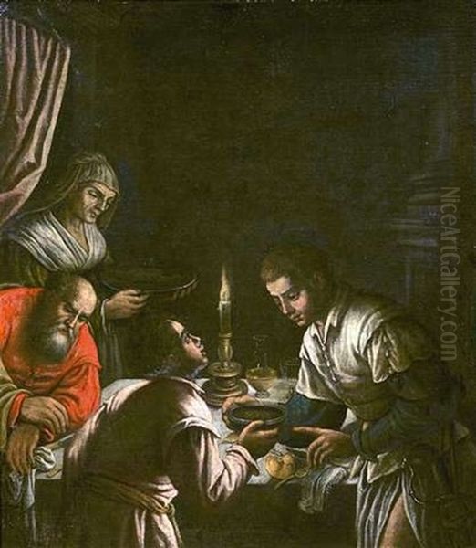 Nachtliche Interieurszene Mit Einem Zum Mahl Gedeckten Tisch Oil Painting by Francesco Bassano the Younger