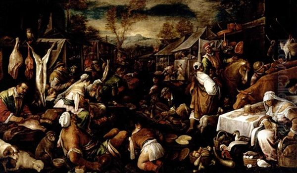 A Busy Market Scene With Meat And Vegetable Sellers, And A Beggar In The Foreground Oil Painting by Francesco Bassano the Younger