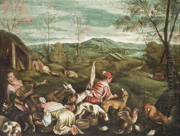 A Shepherdess And Her Flock, With Hounds And Poultry, A Carriage In A Landscape Beyond Oil Painting by Francesco, II Bassano
