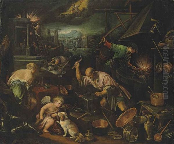 The Element Of Fire: Vulcan's Forge Oil Painting by Francesco, II Bassano
