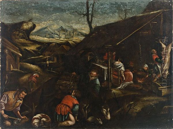 Allegorie Des Winters. Figurenreiche Landliche Szenerie Mit Bauern Bei Verschiedenen Tatigkeiten, U.a. Beim Schlachten, Holz Sammeln Und Aufbereiten. Weiter Blick Auf Gebirgigen Horizont Oil Painting by Francesco, II Bassano