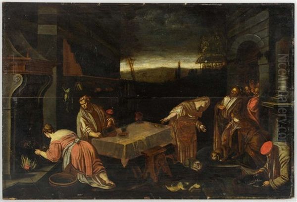 Scene With Figures Around A Table Oil Painting by Jacopo Bassano (Jacopo da Ponte)