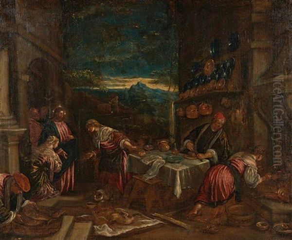 Le Christ Chez Marthe Et Marie Oil Painting by Jacopo Bassano (Jacopo da Ponte)