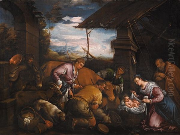 Die Anbetung Der Hirten Oil Painting by Jacopo Bassano (Jacopo da Ponte)