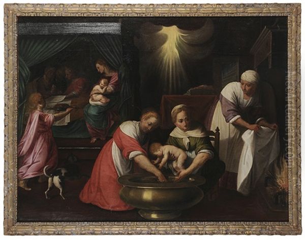 The First Bath Of The Infant Christ Oil Painting by Jacopo Bassano (Jacopo da Ponte)