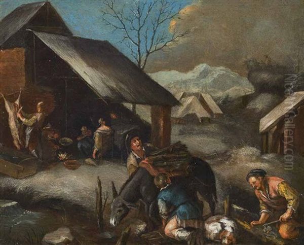 Allegorie Des Winters Mit Schweineschlachtung (after Copper Engraving By Johann Sadeler (1550-1600) Und Francesco Bassano (1549-1592)) Oil Painting by Jacopo Bassano (Jacopo da Ponte)