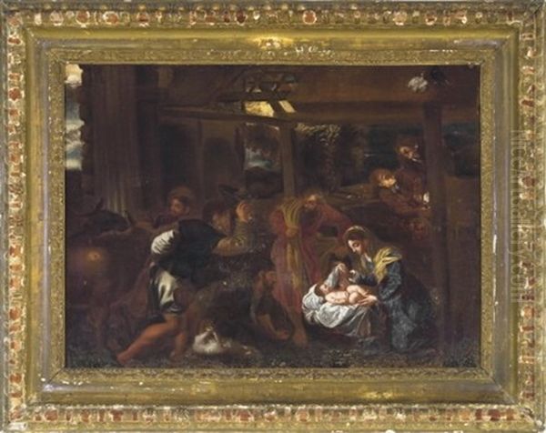 Adoration Of The Shepherds (after Titian) Oil Painting by Jacopo Bassano (Jacopo da Ponte)