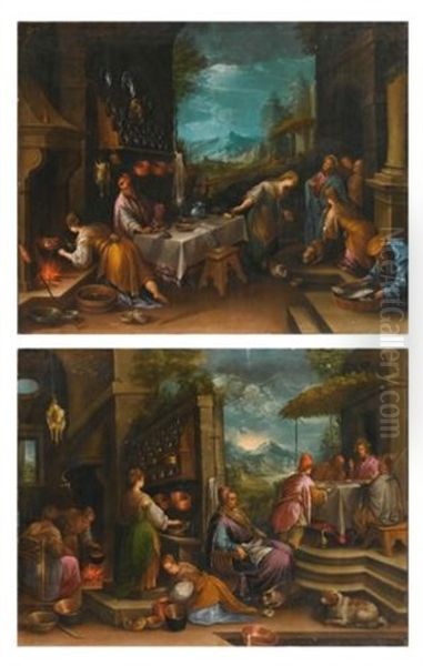 Supper At Emmaus; Christ In The House Of Mary And Martha (pair) Oil Painting by Jacopo Bassano (Jacopo da Ponte)