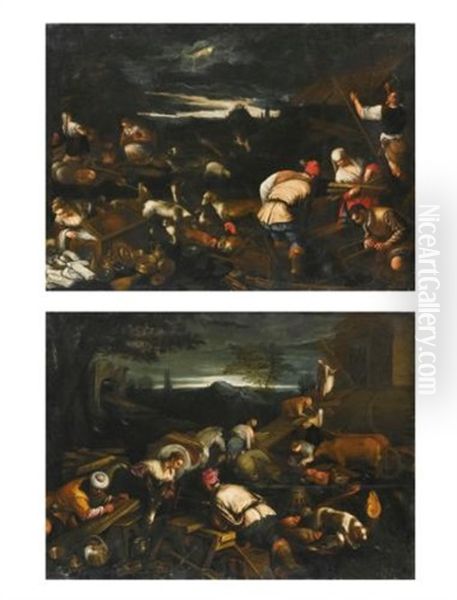 Noah Leading The Animals Onto The Ark; Noah's Sacrifice After The Flood (pair) Oil Painting by Jacopo Bassano (Jacopo da Ponte)