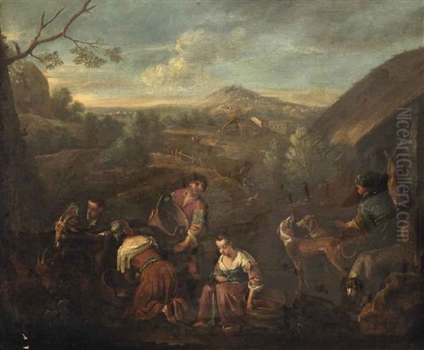 An Allegory Of Spring: A Hunter And His Dogs And Goatherds With Their Herd In A Pastoral Landscape Oil Painting by Jacopo Bassano (Jacopo da Ponte)