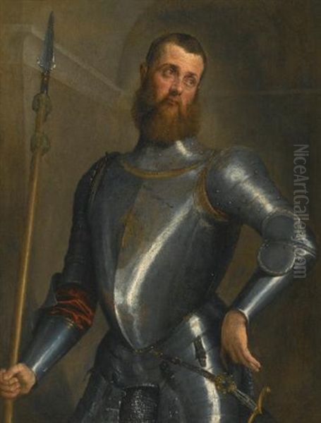 Portrait Of A Gentleman, Half Length, In Full Armor, Holding A Partesan, A Broad Sword At His Hip Oil Painting by Jacopo Bassano (Jacopo da Ponte)