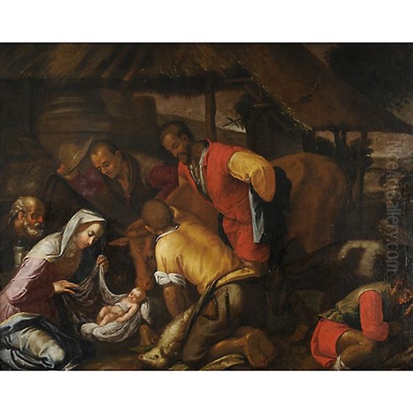 Nascita Di Gesu Oil Painting by Jacopo Bassano (Jacopo da Ponte)