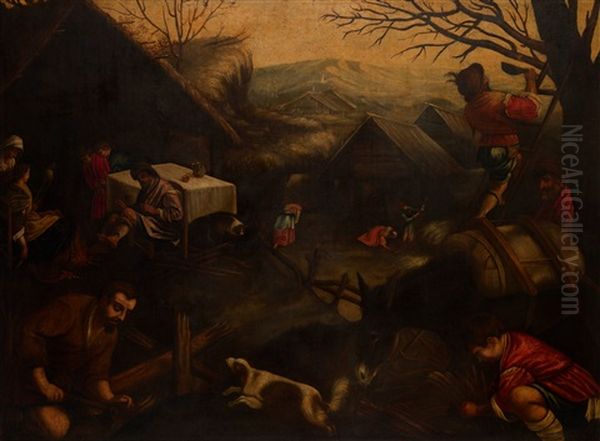 Peasants Working In A Village In A Hilly Landscape - An Allegory Of Winter Oil Painting by Jacopo Bassano (Jacopo da Ponte)