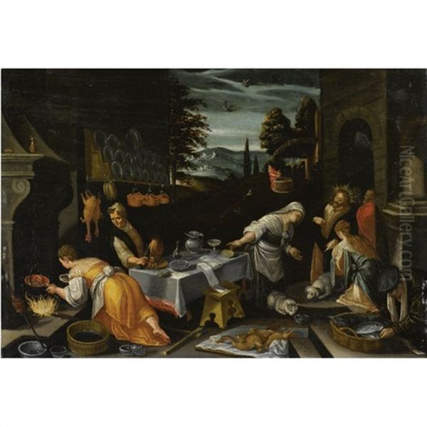 Cristo In Casa Di Marta, Maria E Lazzaro Oil Painting by Jacopo Bassano (Jacopo da Ponte)
