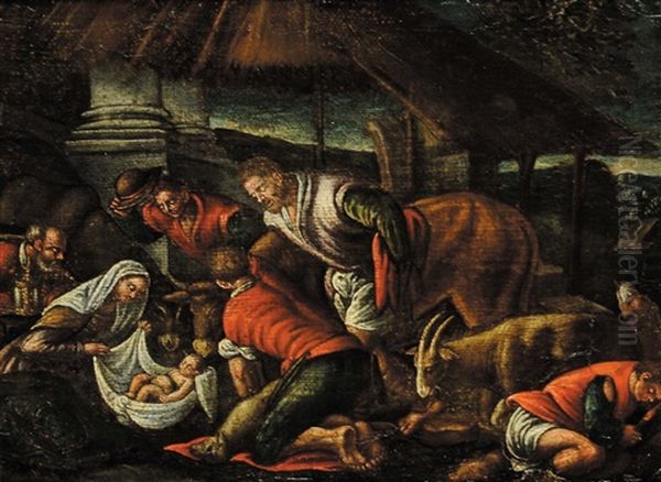 Nativita E Paesaggio Con Figure Ed Armenti (pair) Oil Painting by Jacopo Bassano (Jacopo da Ponte)