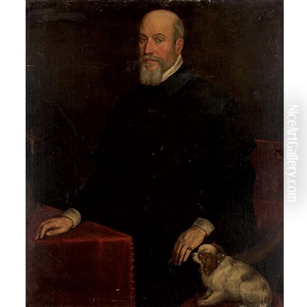 Portrait Of A Gentleman With A Spaniel Oil Painting by Jacopo Bassano (Jacopo da Ponte)