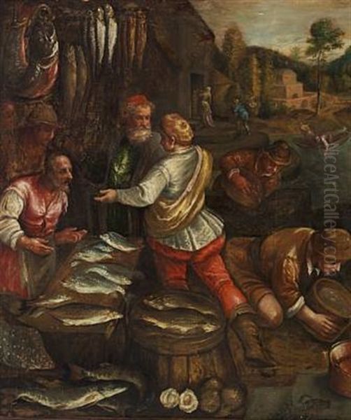People Buying Fish. In The Background Mountains And Architecture Oil Painting by Jacopo Bassano (Jacopo da Ponte)