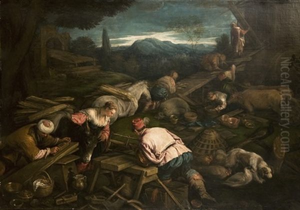 La Costruzione Dell'arca Oil Painting by Jacopo Bassano (Jacopo da Ponte)