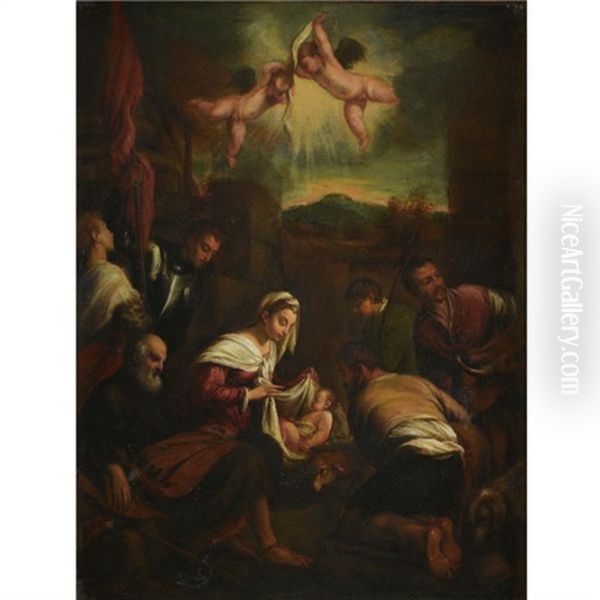 Nativity Oil Painting by Jacopo Bassano (Jacopo da Ponte)