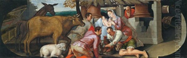 Die Anbetung Der Hirten - L'adorazione Dei Pastori Oil Painting by Jacopo Bassano (Jacopo da Ponte)