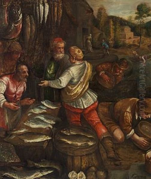 A Renaissance Scenery With People Buying Fish, In The Background Mountains And Architecture Oil Painting by Jacopo Bassano (Jacopo da Ponte)