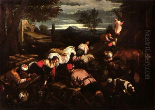 La Construction De L'arche De Noe Oil Painting by Jacopo Bassano (Jacopo da Ponte)