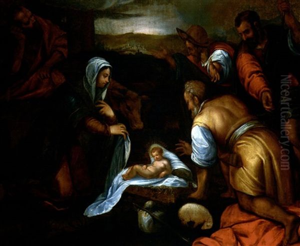 L'adoration Des Bergers Oil Painting by Jacopo Bassano (Jacopo da Ponte)