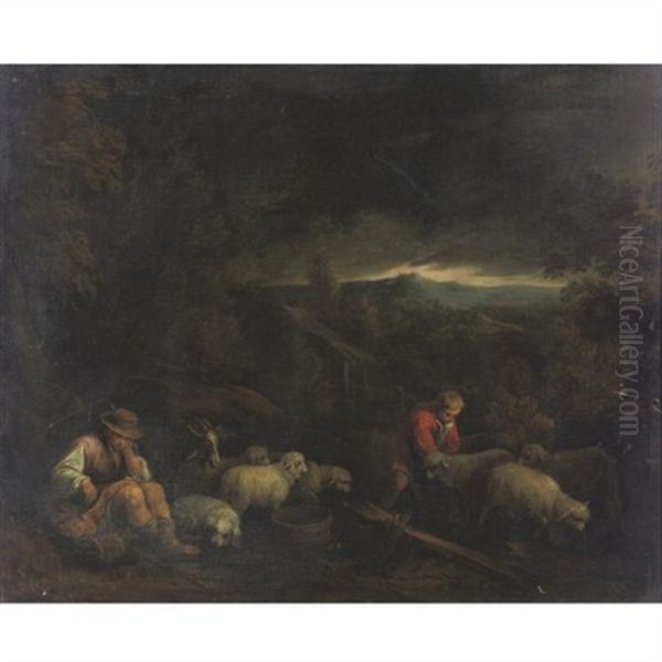 Landscape With Herdsmen And Their Flock Oil Painting by Jacopo Bassano (Jacopo da Ponte)