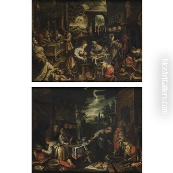 Lazzaro E Il Ricco Epulone (+ Cristo In Casa Di Marta E Maria; Pair) Oil Painting by Jacopo Bassano (Jacopo da Ponte)