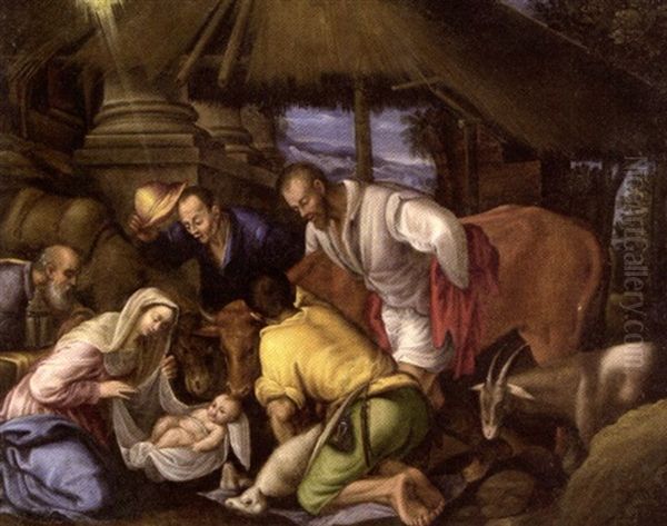 L'adoration Des Bergers Oil Painting by Jacopo Bassano (Jacopo da Ponte)