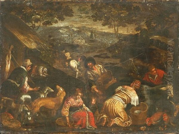 Landschaft Mit Bauern Und Jagern Oil Painting by Jacopo Bassano (Jacopo da Ponte)