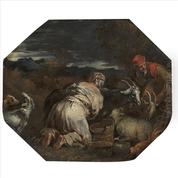 A Peasant Woman Milking A Goat Oil Painting by Jacopo Bassano (Jacopo da Ponte)