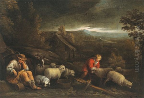 Pastori Con Gregge In Un Paesaggio Oil Painting by Jacopo Bassano (Jacopo da Ponte)
