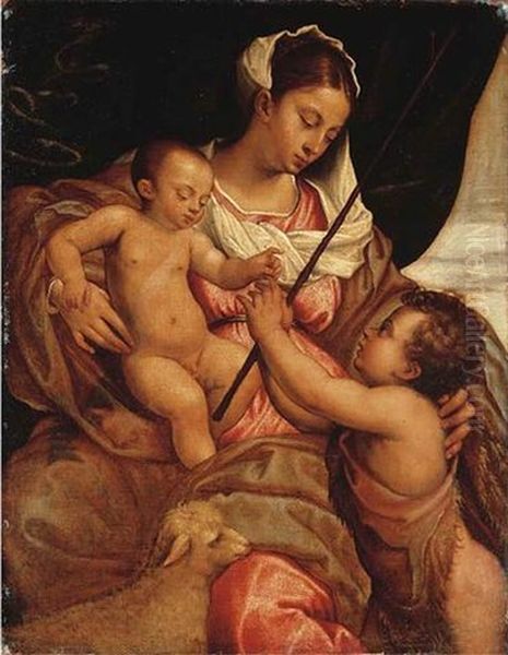 The Madonna And Child With The Infant Saint John The Baptist Oil Painting by Jacopo Bassano (Jacopo da Ponte)